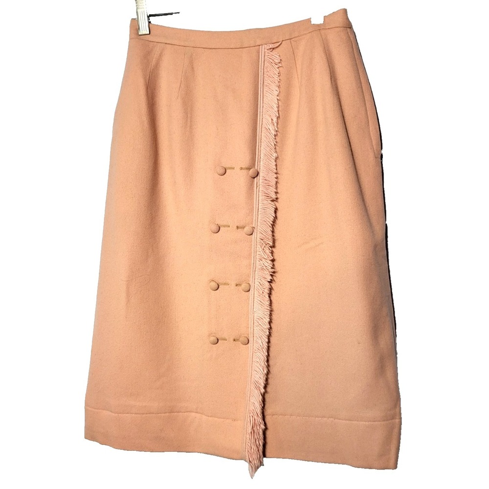 VTG Talbott Wool‎ Pink Faux Button Fringe Front Pencil Skirt Side Zip Small 60's